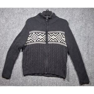 Chaps Women's Black and‎ White Aztec Print Full Zip-Up Cardigan - Size Large